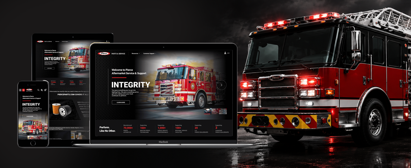 Pierce Manufacturing — Aftermarket parts storefront shown on desktop, laptop and mobile beside a Pierce fire truck